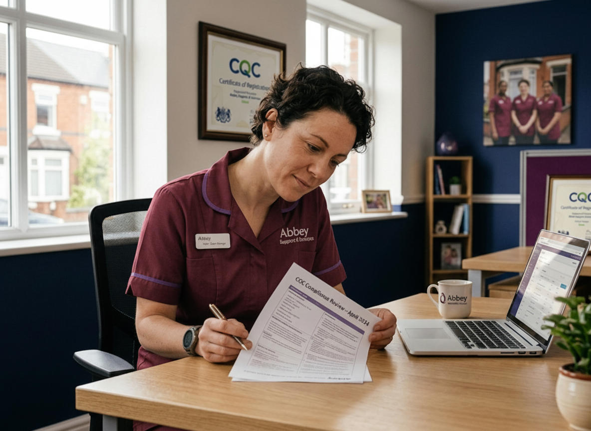 Abbey Support & Services Registered Manager reviewing CQC compliance β a fully regulated and inspected home care provider in Leicester
