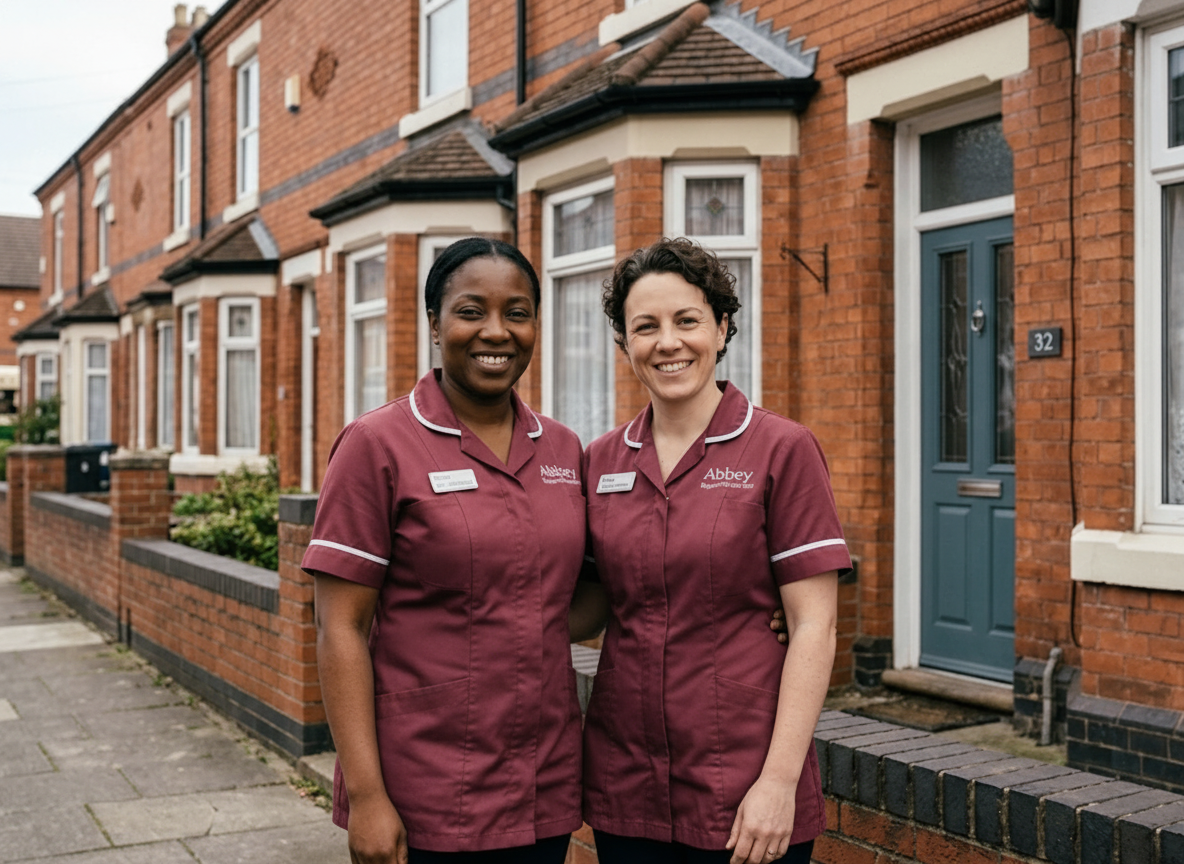 Abbey Support & Services home care team outside a Leicester home β a trusted, locally based CQC-regulated care provider serving Leicester and Leicestershire since 2011