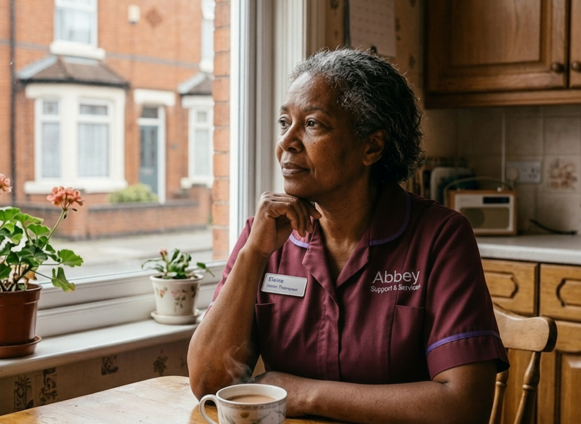 An experienced Abbey Support & Services carer at home in Leicester β reflecting the dedication and compassion at the heart of our home care service since 2011
