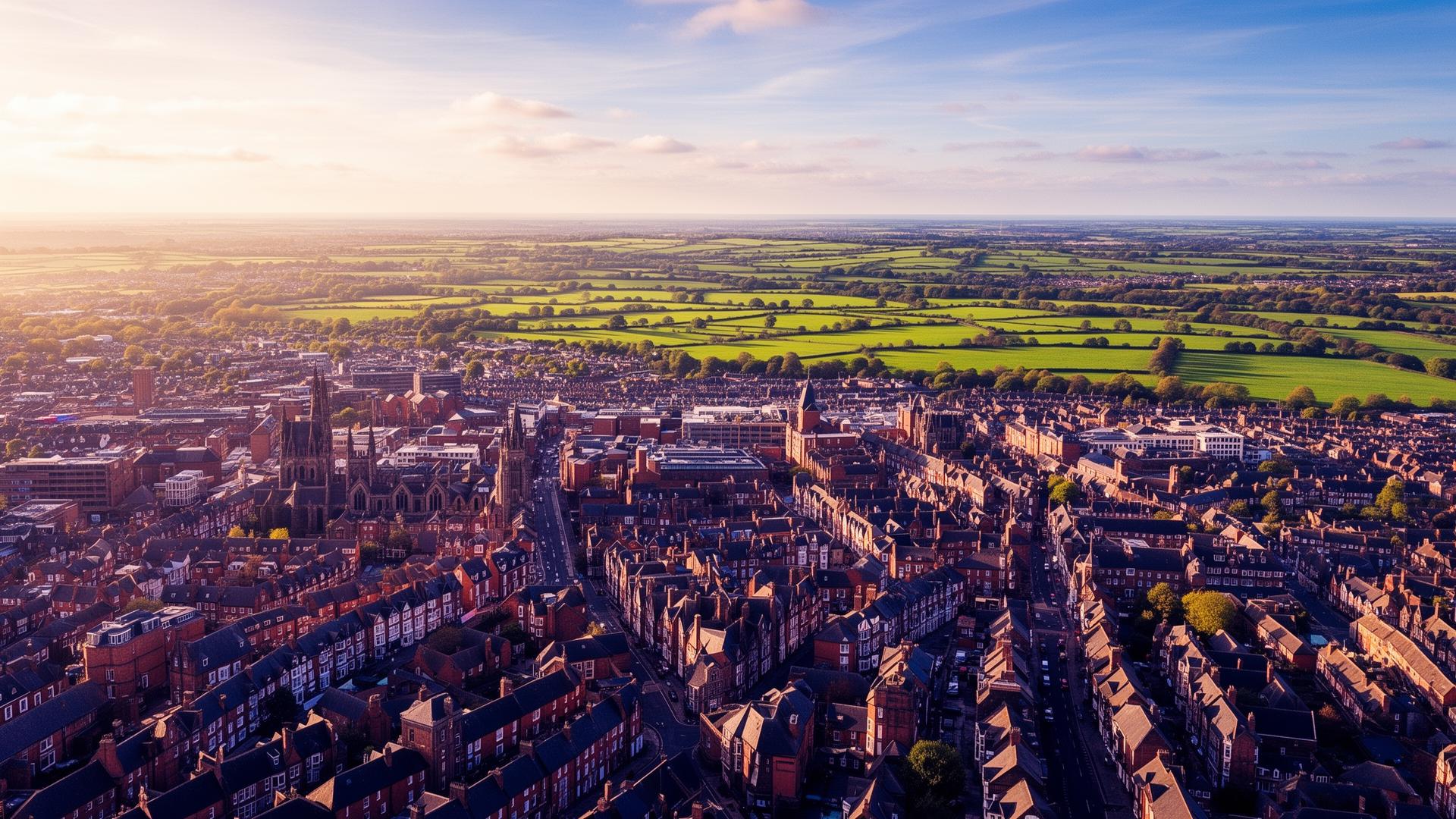 Aerial view of Leicester city and the Leicestershire countryside โ Abbey Support & Services provides CQC-regulated home care across Leicester and Leicestershire