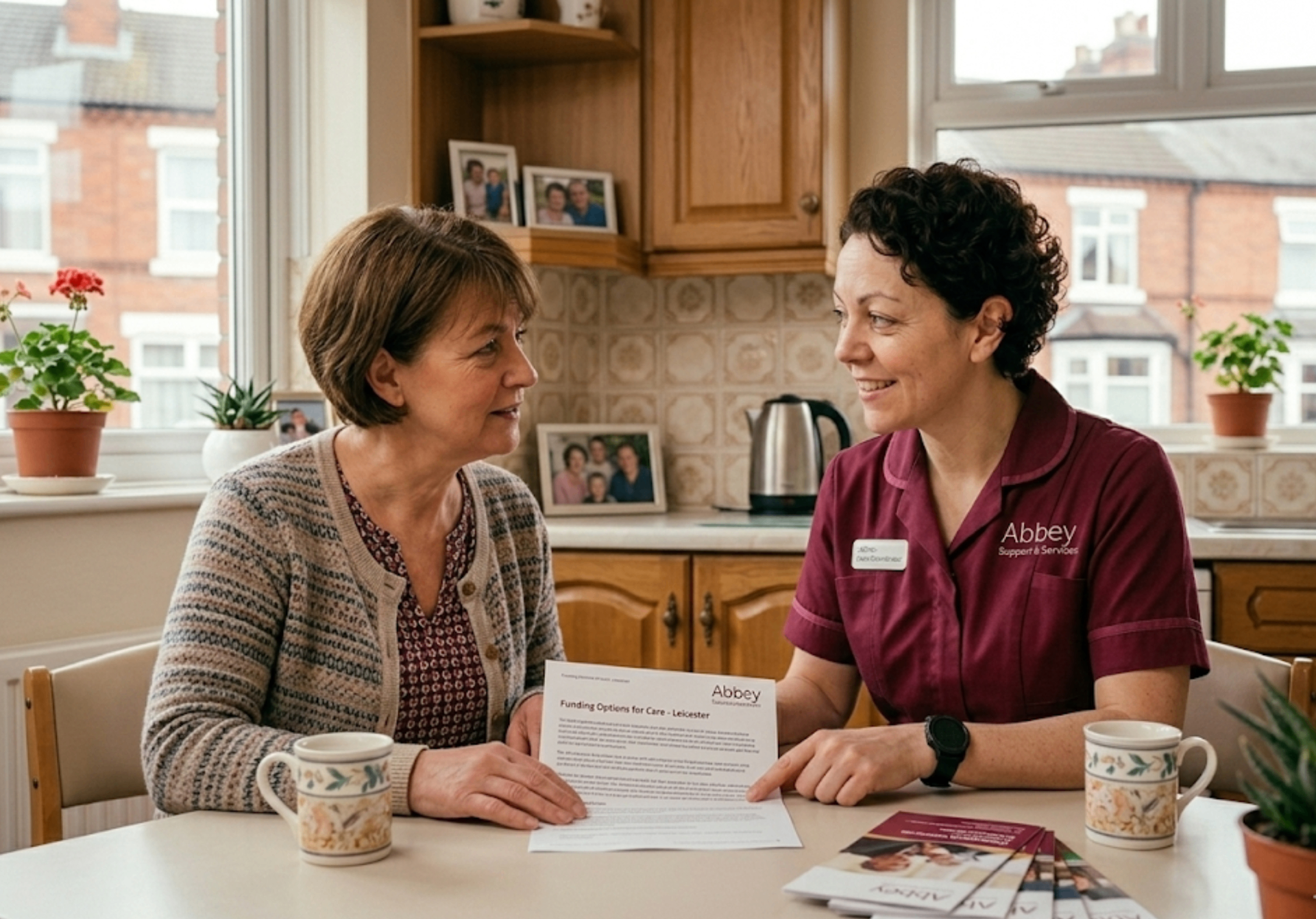 Abbey Support & Services coordinator explaining respite care funding options to a family carer in Leicester — including Carer's Assessment rights and direct payments