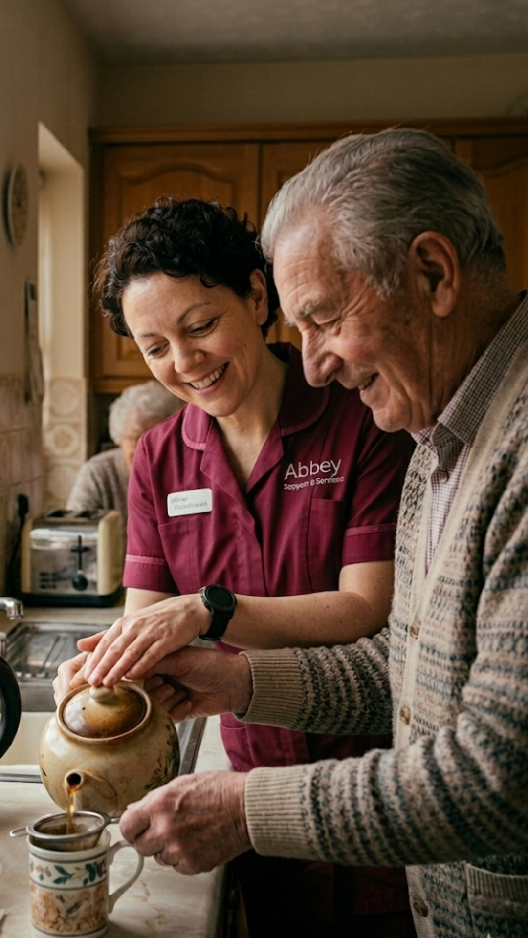 A family carer resting at home in Leicester while an Abbey Support & Services sitter cares for their loved one — respite care for family carers across Leicestershire