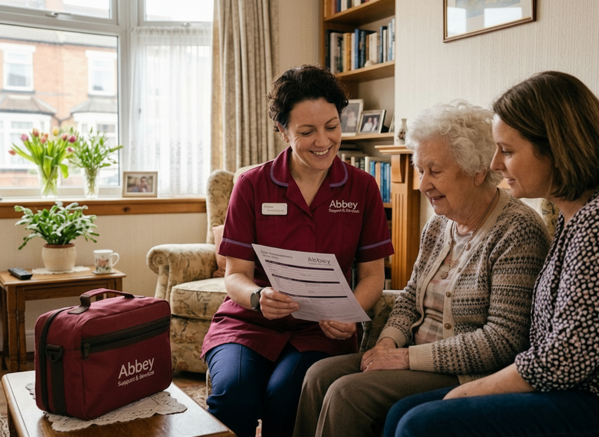 Abbey Support & Services senior dementia care specialist reviewing a care plan in Leicester