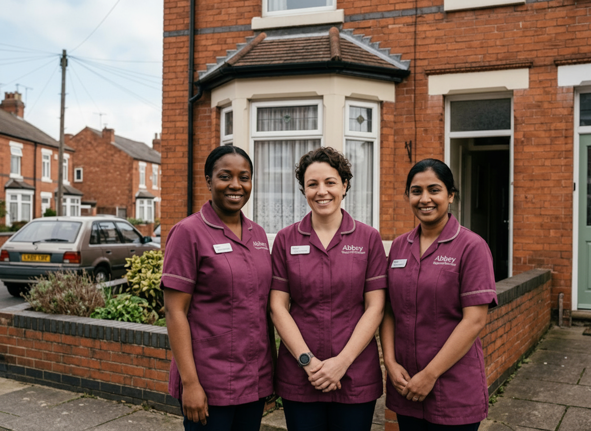 The Abbey Support & Services home care team outside a Leicester home — CQC-regulated, compassionate carers serving Leicestershire families since 2011